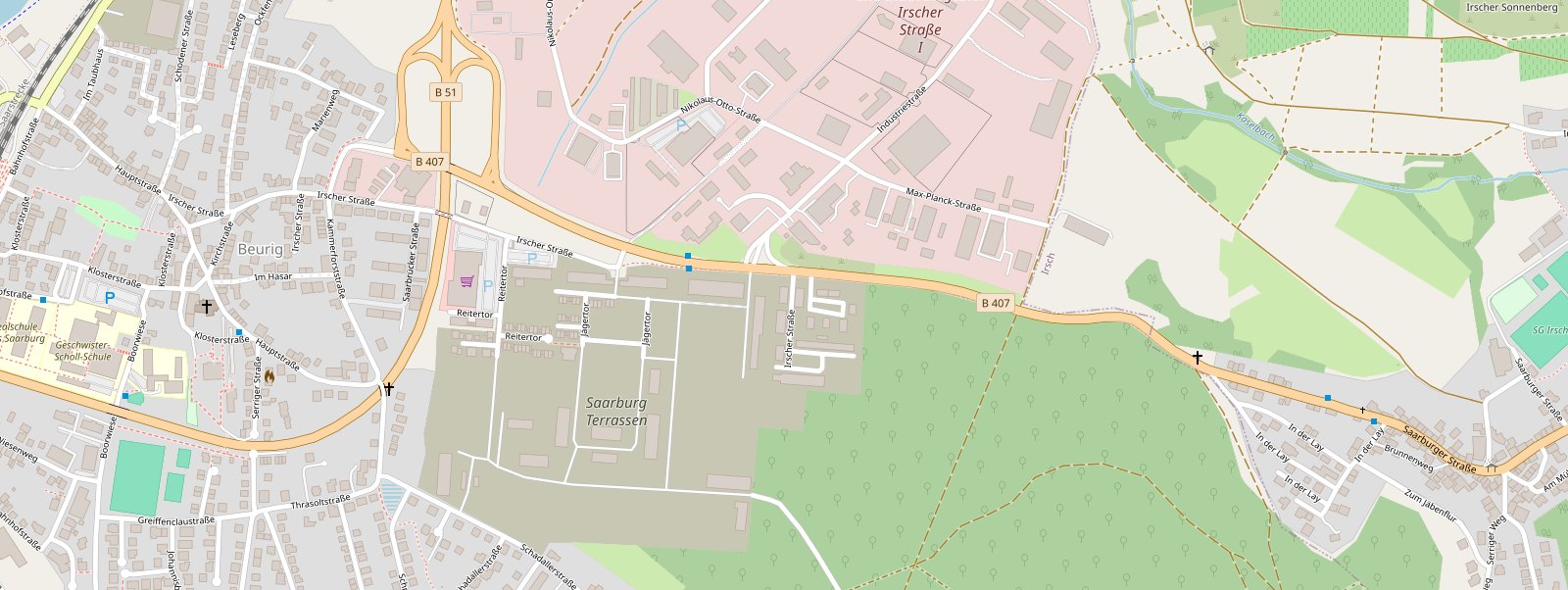 Kartenausschnitt von Saarburg-Beurig mit der Irscher Stra&szlig;e; der Bauplatz liegt in der Bildmitte.
